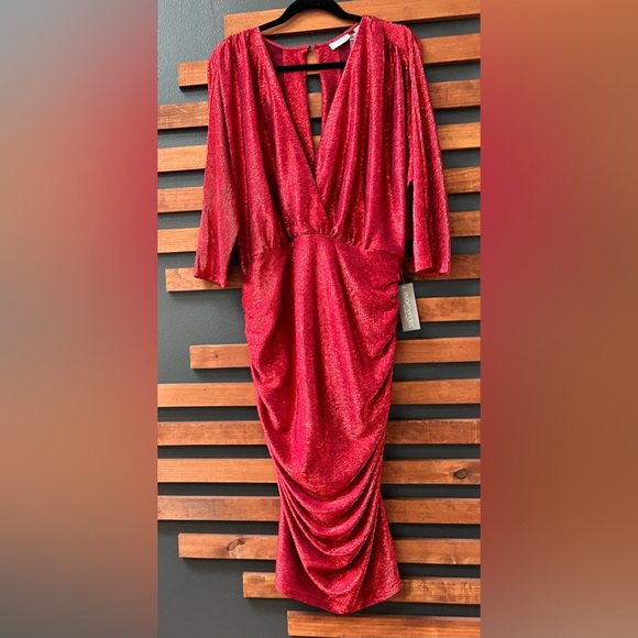 Eva Mendes Red Metallic Ruched Crossover V-Neck Midi Dress Size XL - Picture 4 of 16